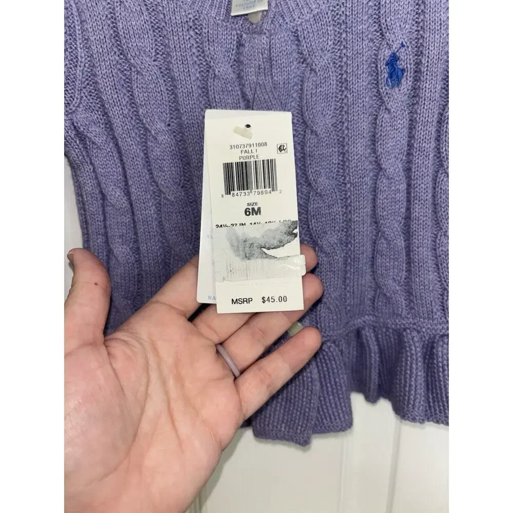 NWT Ralph Lauren Baby Purple Cable Knit Cardigan 6M Ruffle Pony Cotton